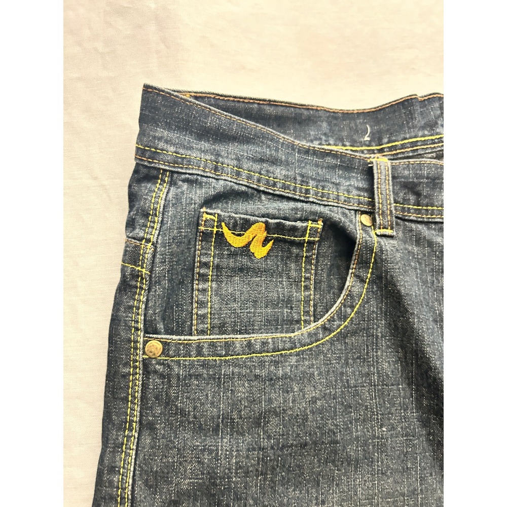 Akademiks Khan Men 40 Dark Wash Denim Shorts Baggy Y2K Streetwear Yellow Stitch - Picture 7 of 9